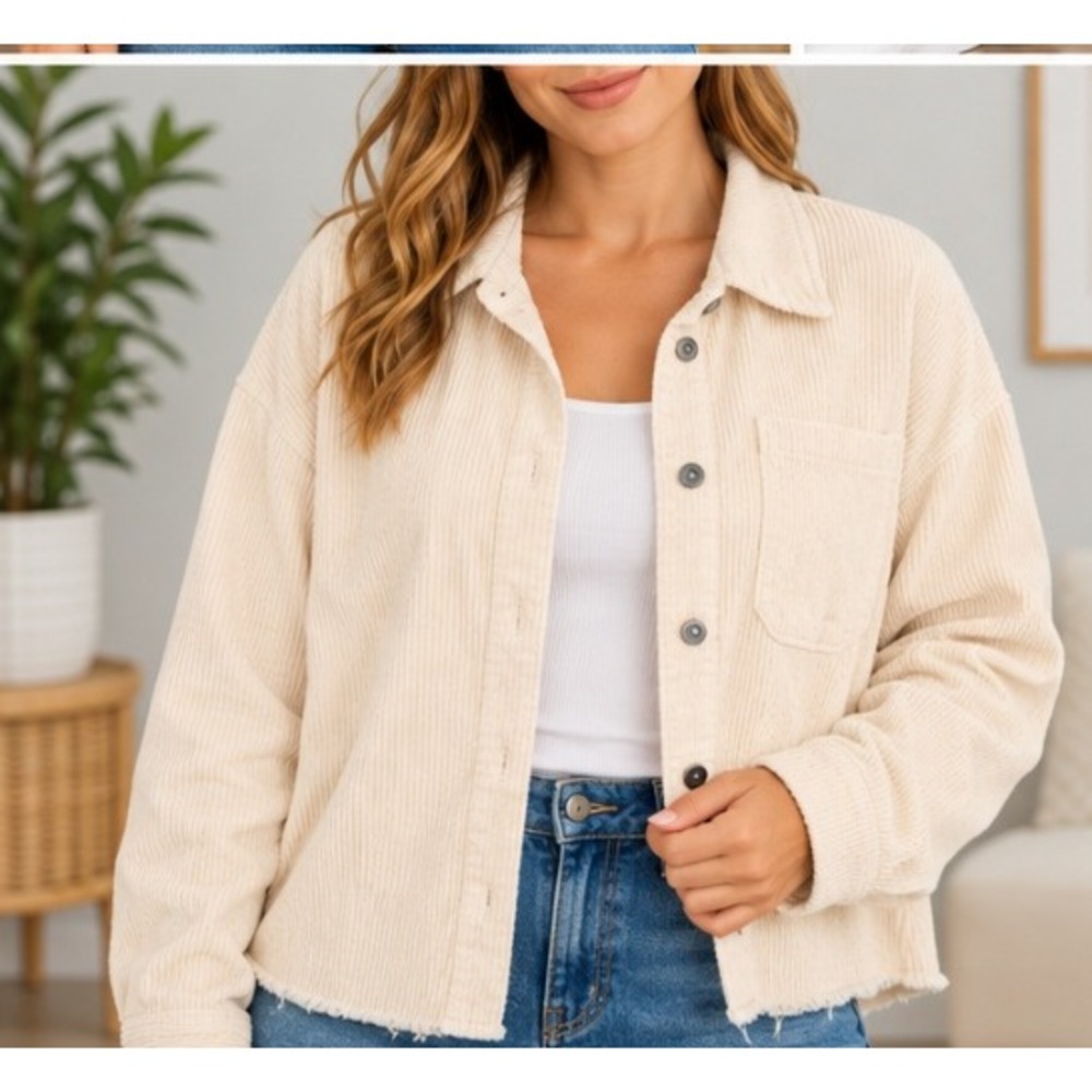 Zara Women Cream Corduroy Raw Hem Button Down Shacket Jacket Size M_250